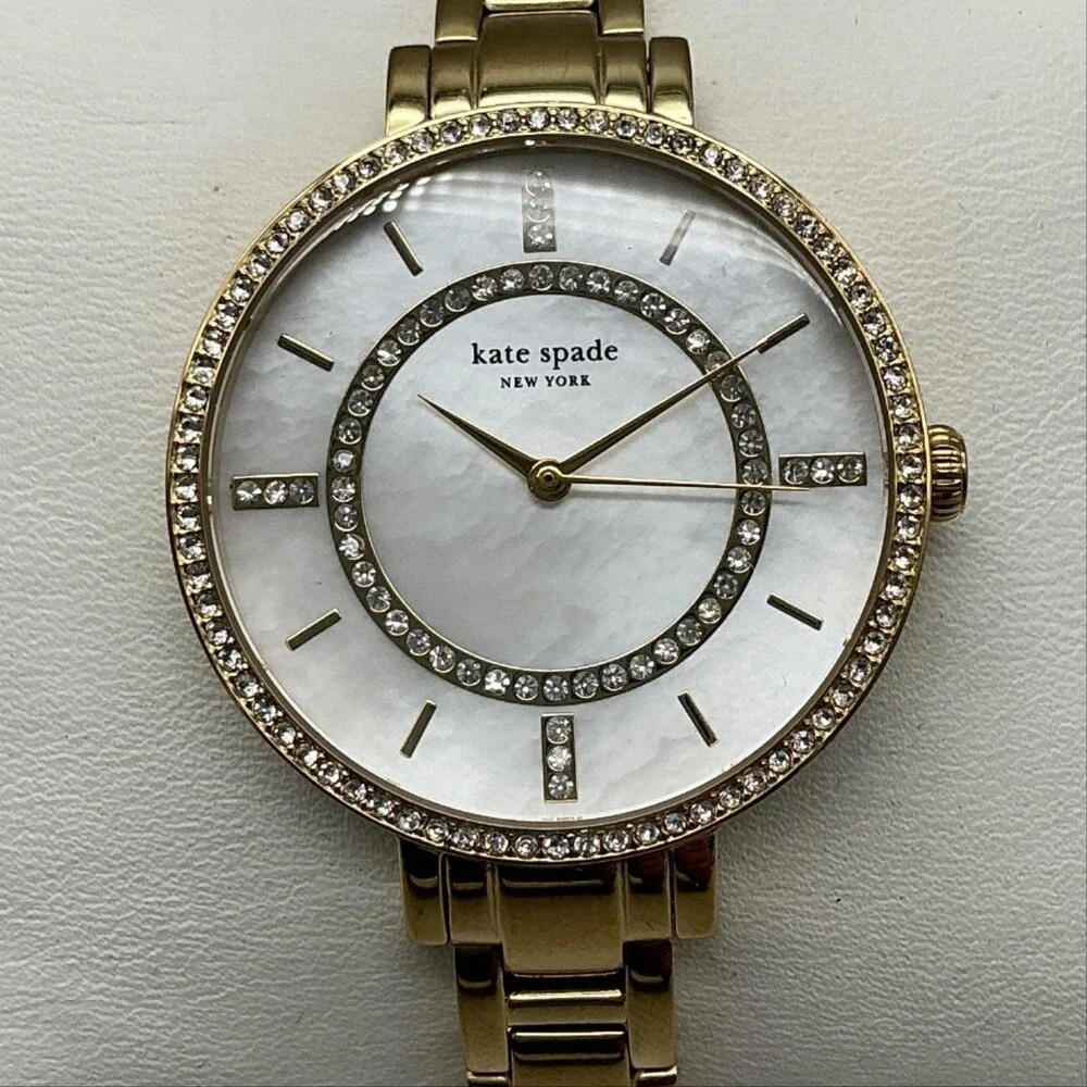 Kate Spade New York Womens Watch 34mm MOP Gold Tone Crystals New Battery 8.5